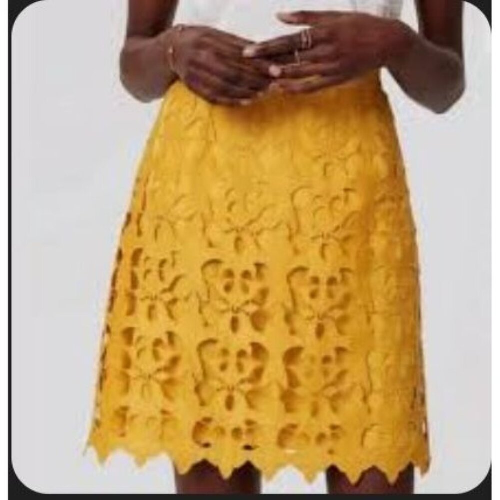 LOFT Mustard Yellow Embroidered Cutout Skirt 12 Lined